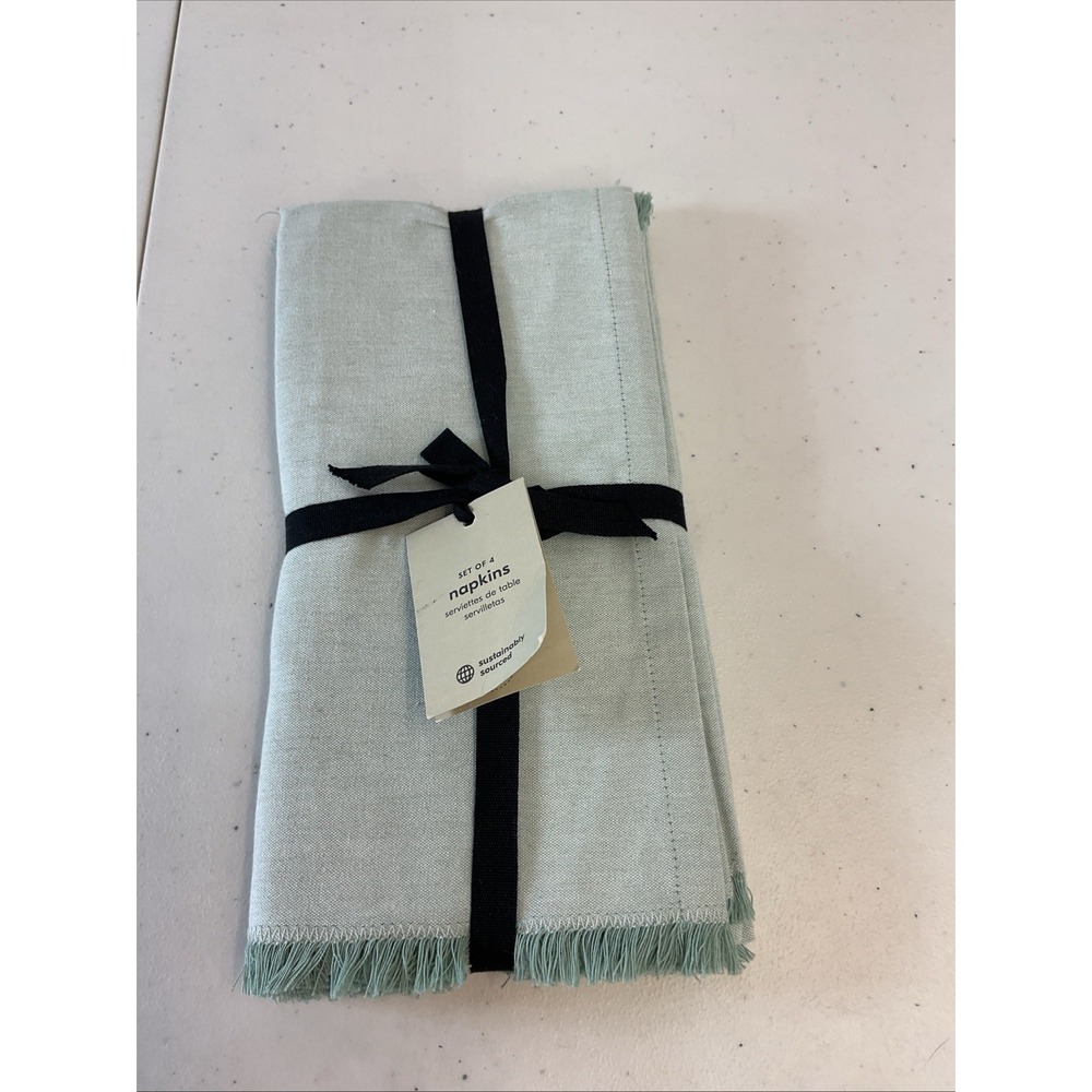 New West Elm Napkins Light Pool Frayed Edge Kitchen Summer 100% Cotton Set of 4